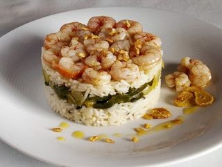 receta simple y sencilla Flan de arroz con gambas picantes